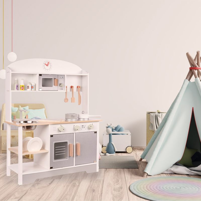 Casa si Gradina - Mobilier - Mobilier copii - Mobilier camera copiilor - Bucatarie din lemn pentru copii cu accesorii, MDF si lemn, 68x25x82 cm, gri si alb - Infinity.ro