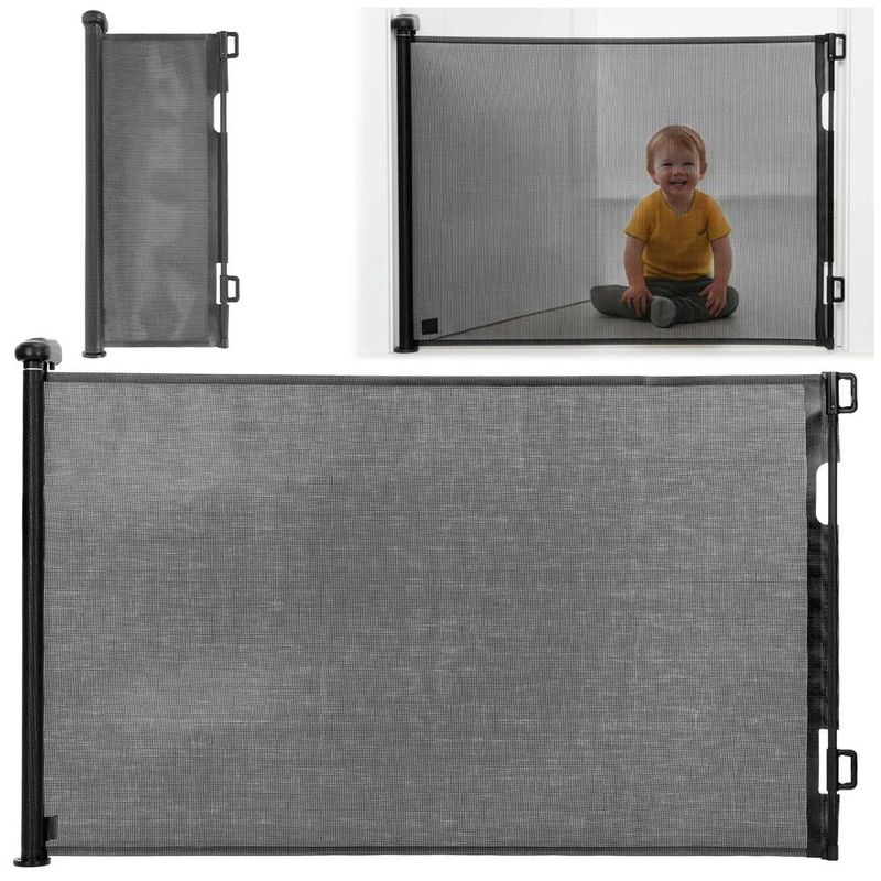 Casa si Gradina - Mobilier - Mobilier copii - Sisteme de siguranta - Poarta siguranta retractabila extensibila copii animale, 162x86 cm, montaj perete, negru - Infinity.ro