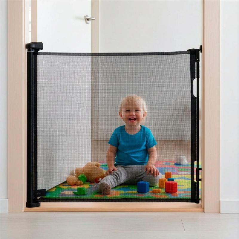 Casa si Gradina - Mobilier - Mobilier copii - Sisteme de siguranta - Poarta siguranta retractabila extensibila copii animale, 162x86 cm, montaj perete, negru - Infinity.ro