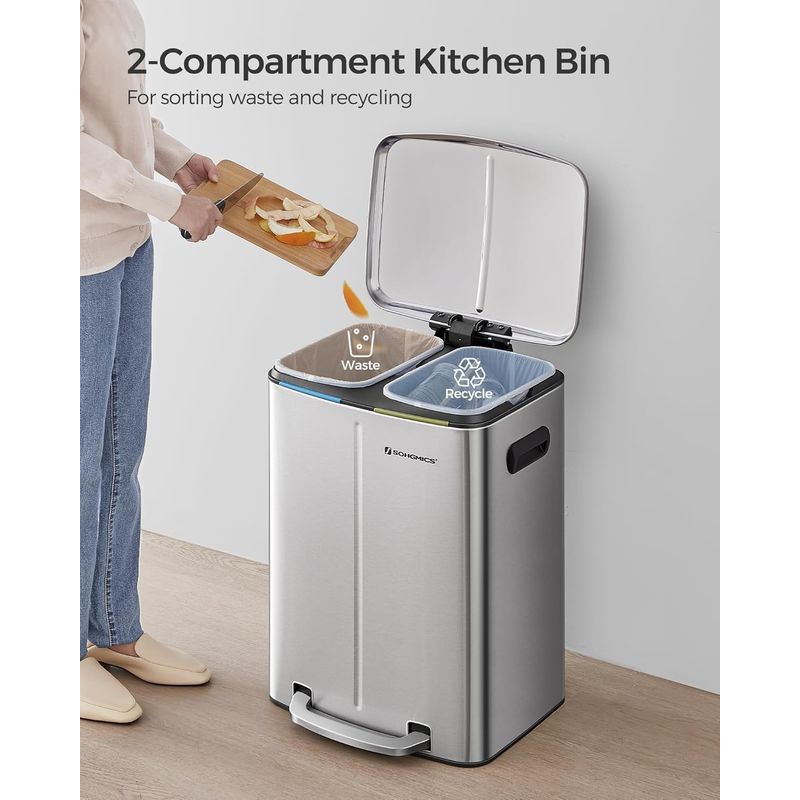 Casa si Gradina - Mobilier - Organizare si depozitare - Cosuri de gunoi - Cos de gunoi dublu colectare selectiva 2x20L, cu pedale si capac soft close, galeata interioara, otel, 45x58x32 cm - Infinity.ro