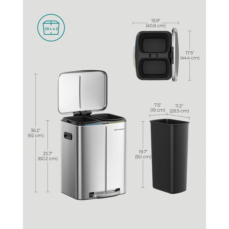 Casa si Gradina - Mobilier - Organizare si depozitare - Cosuri de gunoi - Cos de gunoi dublu colectare selectiva 2x20L, cu pedale si capac soft close, galeata interioara, otel, 45x58x32 cm - Infinity.ro