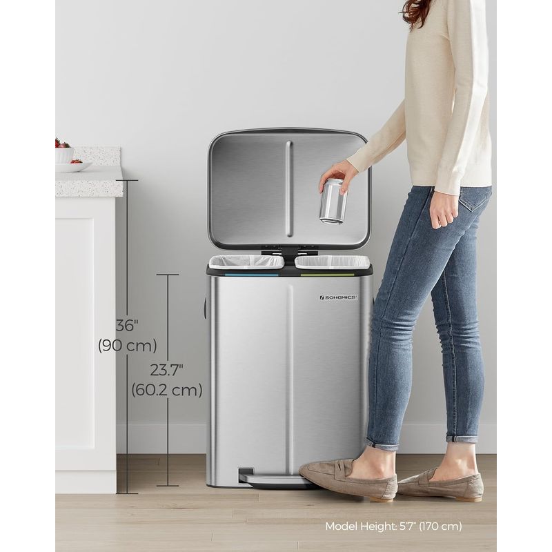 Casa si Gradina - Mobilier - Organizare si depozitare - Cosuri de gunoi - Cos de gunoi dublu colectare selectiva 2x20L, cu pedale si capac soft close, galeata interioara, otel, 45x58x32 cm - Infinity.ro