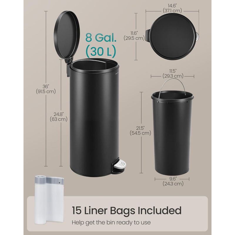 Casa si Gradina - Mobilier - Organizare si depozitare - Cosuri de gunoi - Cos de gunoi cu pedala, capac soft-close, galeata detasabila, otel, 30L, saci menajeri inclusi, negru - Infinity.ro