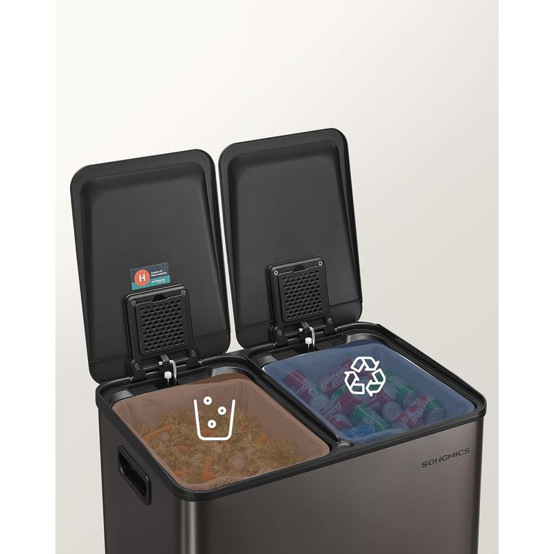 Casa si Gradina - Mobilier - Organizare si depozitare - Cosuri de gunoi - Cos de gunoi 2x30L, cu 2 compartimente, capac soft-close si galeti interioare, otel, gri antracit - Infinity.ro