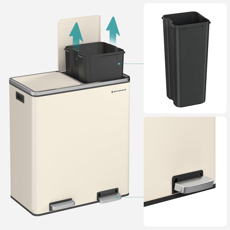 Casa si Gradina - Mobilier - Organizare si depozitare - Cosuri de gunoi - Cos de gunoi dublu colectare selectiva, 2x30L, cu pedale si capac soft close, galeata interioara, otel, 62x59x36 cm - Infinity.ro