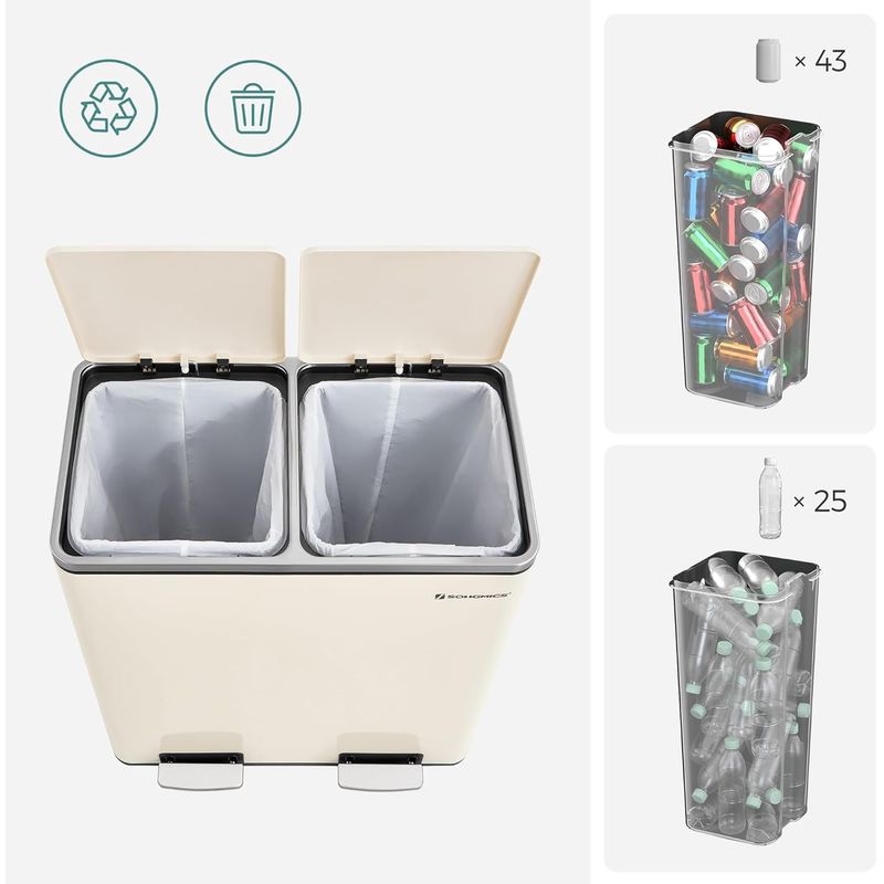 Casa si Gradina - Mobilier - Organizare si depozitare - Cosuri de gunoi - Cos de gunoi dublu colectare selectiva, 2x30L, cu pedale si capac soft close, galeata interioara, otel, 62x59x36 cm - Infinity.ro