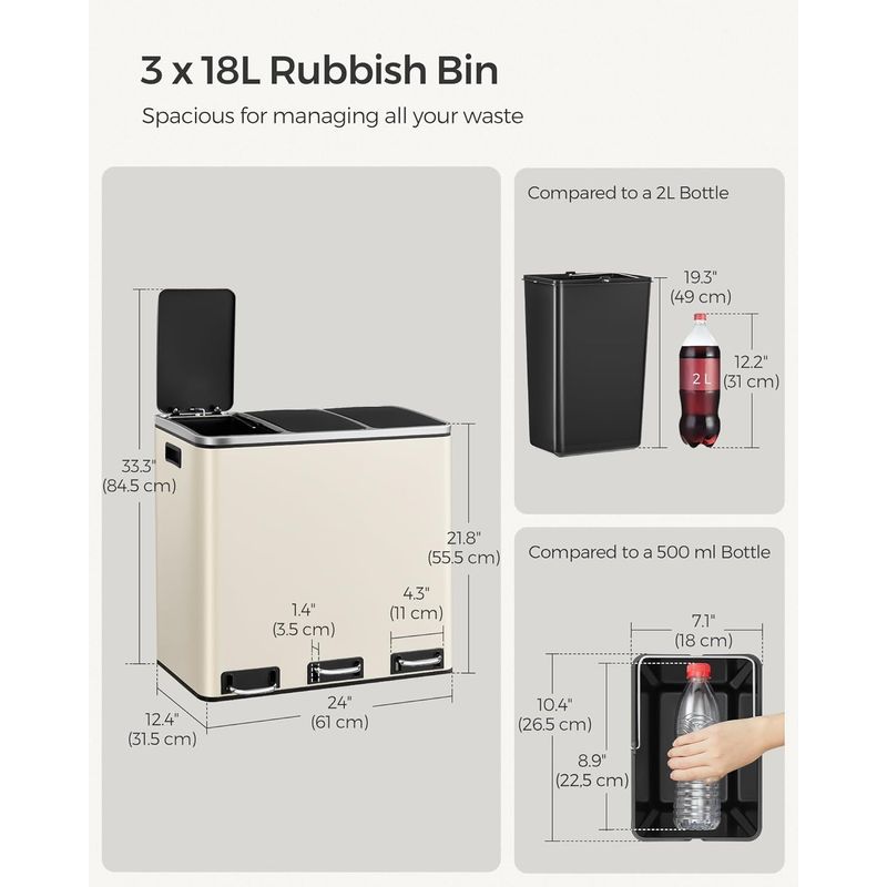 Casa si Gradina - Mobilier - Organizare si depozitare - Cosuri de gunoi - Cos de gunoi colectare selectiva cu 3 compartimente 3 x 18L, capace soft close, pedale, otel, 61x32x56 cm, bej - Infinity.ro