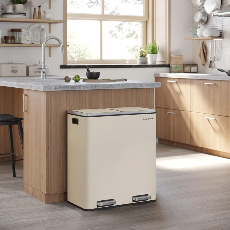 Casa si Gradina - Mobilier - Organizare si depozitare - Cosuri de gunoi - Cos de gunoi dublu colectare selectiva, 2x30L, cu pedale si capac soft close, galeata interioara, otel, 62x59x36 cm - Infinity.ro