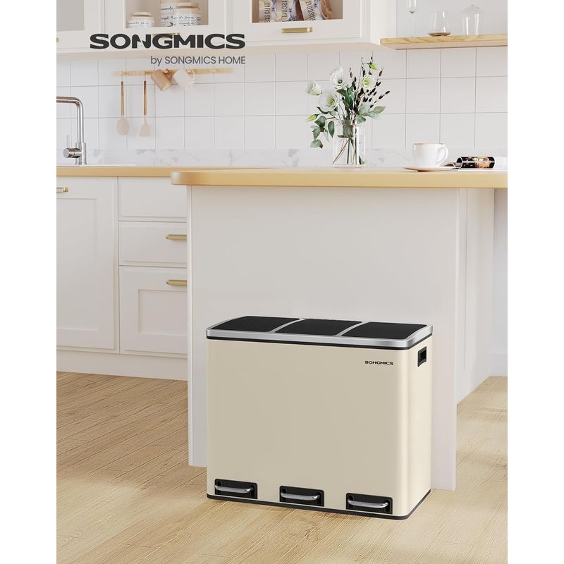 Casa si Gradina - Mobilier - Organizare si depozitare - Cosuri de gunoi - Cos de gunoi colectare selectiva cu 3 compartimente 3 x 18L, capace soft close, pedale, otel, 61x32x56 cm, bej - Infinity.ro