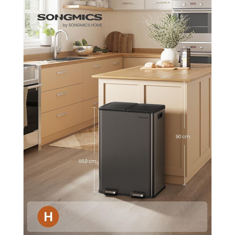 Casa si Gradina - Mobilier - Organizare si depozitare - Cosuri de gunoi - Cos de gunoi 2x30L, cu 2 compartimente, capac soft-close si galeti interioare, otel, gri antracit - Infinity.ro