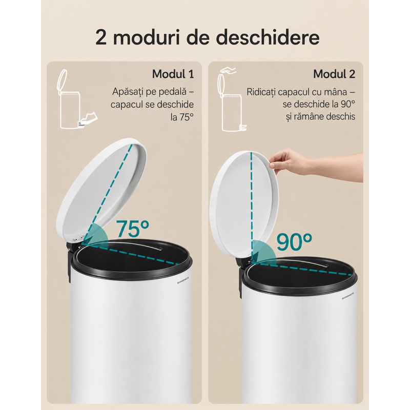 Casa si Gradina - Mobilier - Organizare si depozitare - Cosuri de gunoi - Cos de gunoi cu pedala, capac soft-close, galeata detasabila, otel, 30L, saci menajeri inclusi, alb - Infinity.ro
