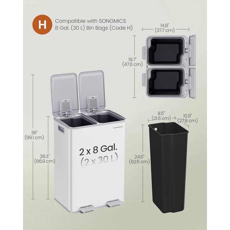 Casa si Gradina - Mobilier - Organizare si depozitare - Cosuri de gunoi - Cos de gunoi 2x30L, cu 2 compartimente, capac soft-close si galeti interioare, otel, alb mat - Infinity.ro
