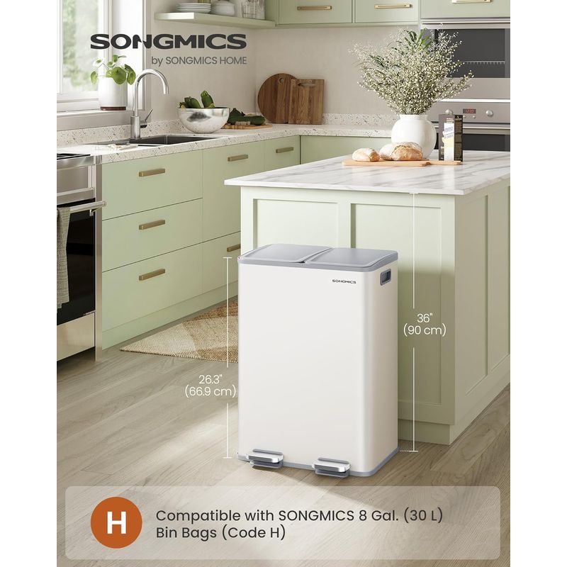 Casa si Gradina - Mobilier - Organizare si depozitare - Cosuri de gunoi - Cos de gunoi 2x30L, cu 2 compartimente, capac soft-close si galeti interioare, otel, alb mat - Infinity.ro