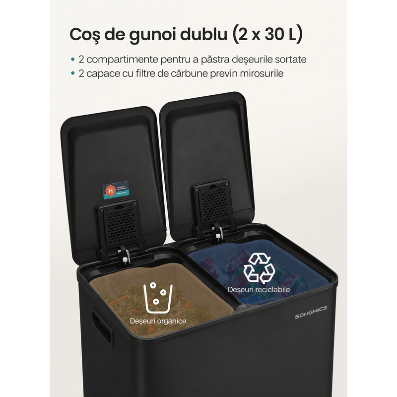 Casa si Gradina - Mobilier - Organizare si depozitare - Cosuri de gunoi - Cos de gunoi 2x30L, cu 2 compartimente, capac soft-close si galeti interioare, otel, negru - Infinity.ro