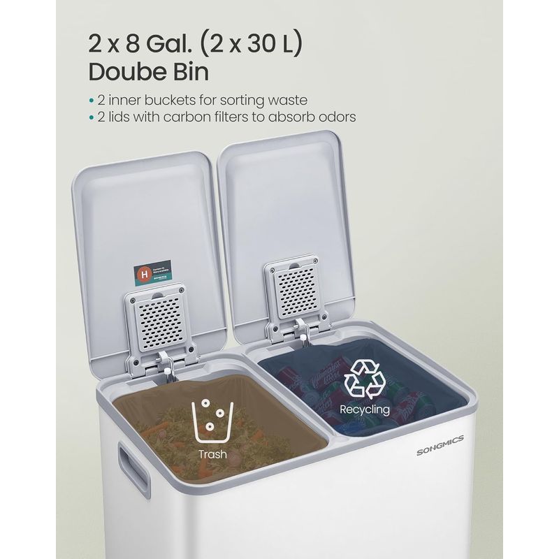 Casa si Gradina - Mobilier - Organizare si depozitare - Cosuri de gunoi - Cos de gunoi 2x30L, cu 2 compartimente, capac soft-close si galeti interioare, otel, alb mat - Infinity.ro