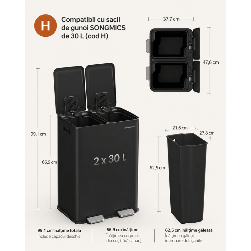 Casa si Gradina - Mobilier - Organizare si depozitare - Cosuri de gunoi - Cos de gunoi 2x30L, cu 2 compartimente, capac soft-close si galeti interioare, otel, negru - Infinity.ro