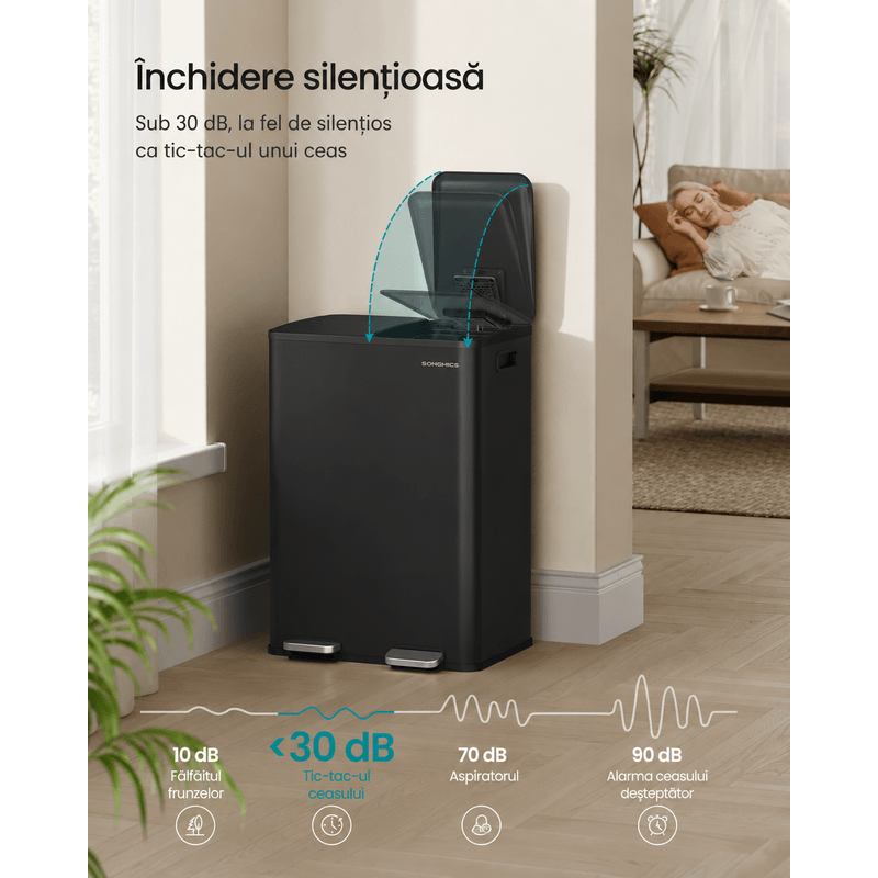 Casa si Gradina - Mobilier - Organizare si depozitare - Cosuri de gunoi - Cos de gunoi 2x30L, cu 2 compartimente, capac soft-close si galeti interioare, otel, negru - Infinity.ro