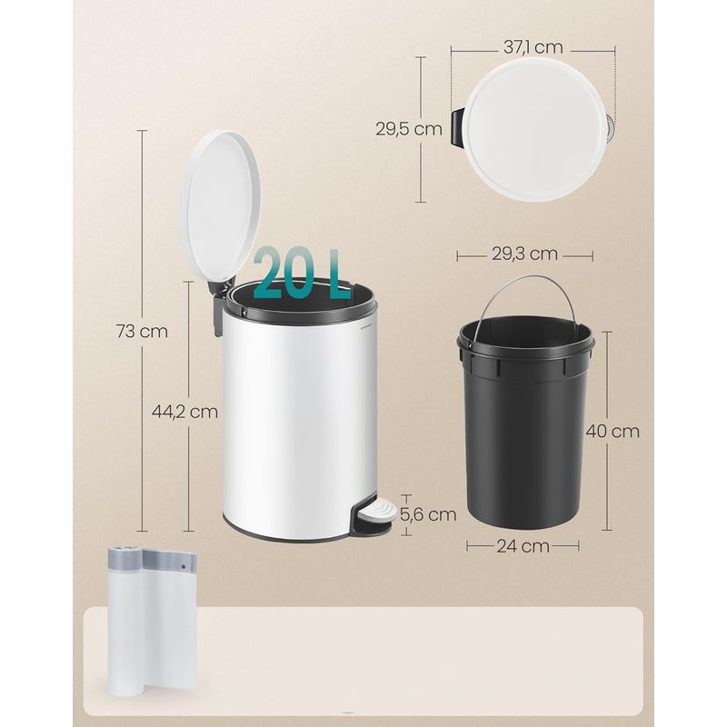 Casa si Gradina - Mobilier - Organizare si depozitare - Cosuri de gunoi - Cos de gunoi cu pedala 20L, capac soft close, galeata interioara detasabila, otel si plastic, 30x37x44 cm, alb - Infinity.ro