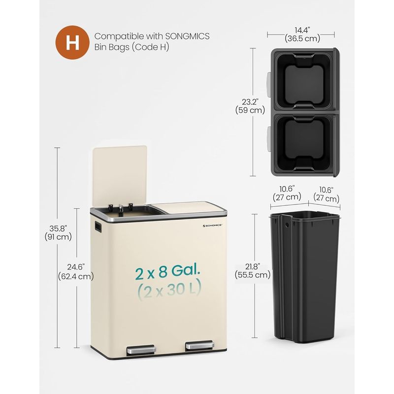 Casa si Gradina - Mobilier - Organizare si depozitare - Cosuri de gunoi - Cos de gunoi dublu colectare selectiva, 2x30L, cu pedale si capac soft close, galeata interioara, otel, 62x59x36 cm - Infinity.ro
