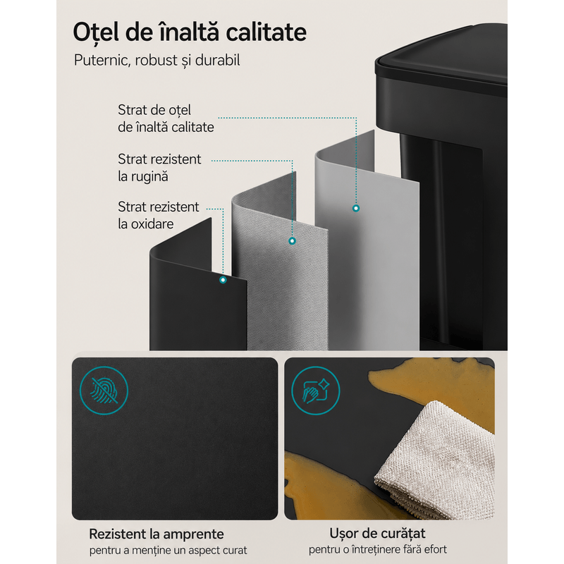 Casa si Gradina - Mobilier - Organizare si depozitare - Cosuri de gunoi - Cos de gunoi 2x30L, cu 2 compartimente, capac soft-close si galeti interioare, otel, negru - Infinity.ro