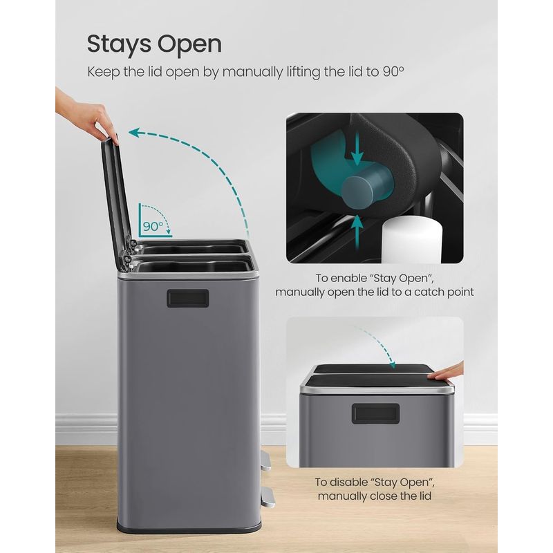 Casa si Gradina - Mobilier - Organizare si depozitare - Cosuri de gunoi - Cos de gunoi dublu colectare selectiva, 2x30L, cu pedale si capac soft close, galeata interioara, otel, 62x59x36 cm, gri - Infinity.ro