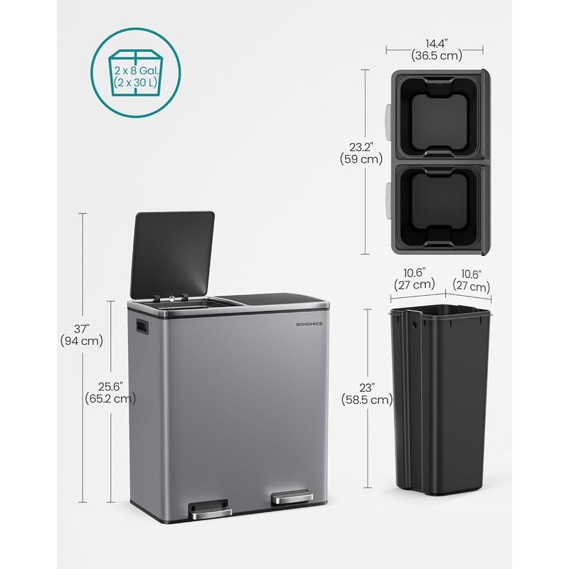 Casa si Gradina - Mobilier - Organizare si depozitare - Cosuri de gunoi - Cos de gunoi dublu colectare selectiva, 2x30L, cu pedale si capac soft close, galeata interioara, otel, 62x59x36 cm, gri - Infinity.ro
