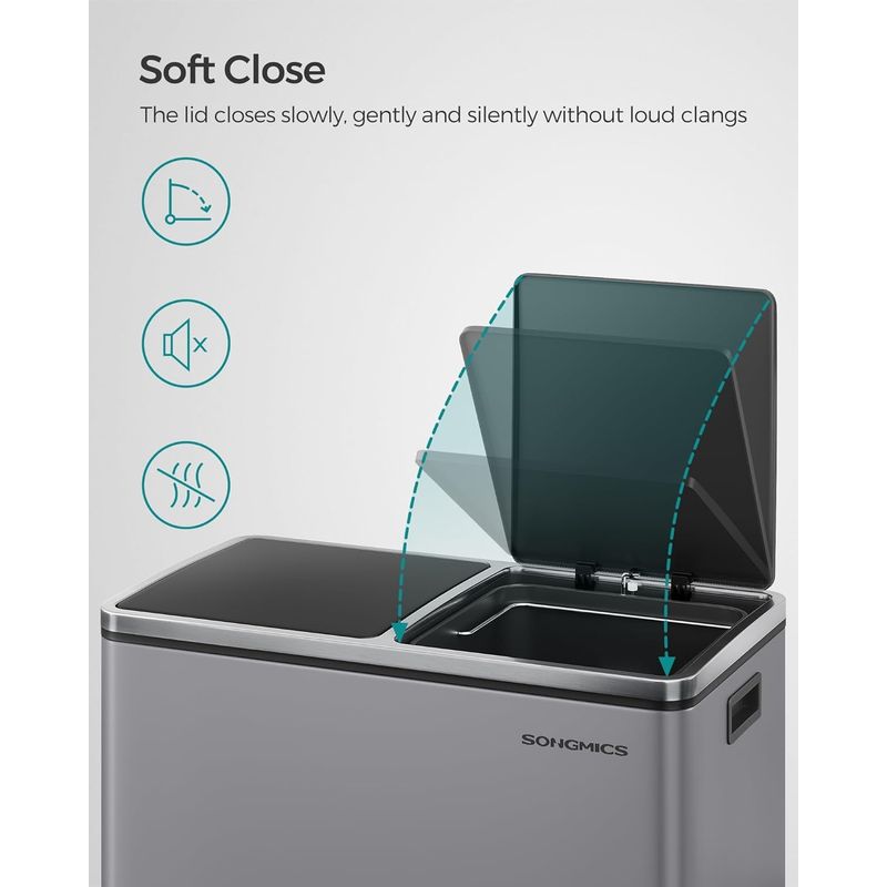 Casa si Gradina - Mobilier - Organizare si depozitare - Cosuri de gunoi - Cos de gunoi dublu colectare selectiva, 2x30L, cu pedale si capac soft close, galeata interioara, otel, 62x59x36 cm, gri - Infinity.ro