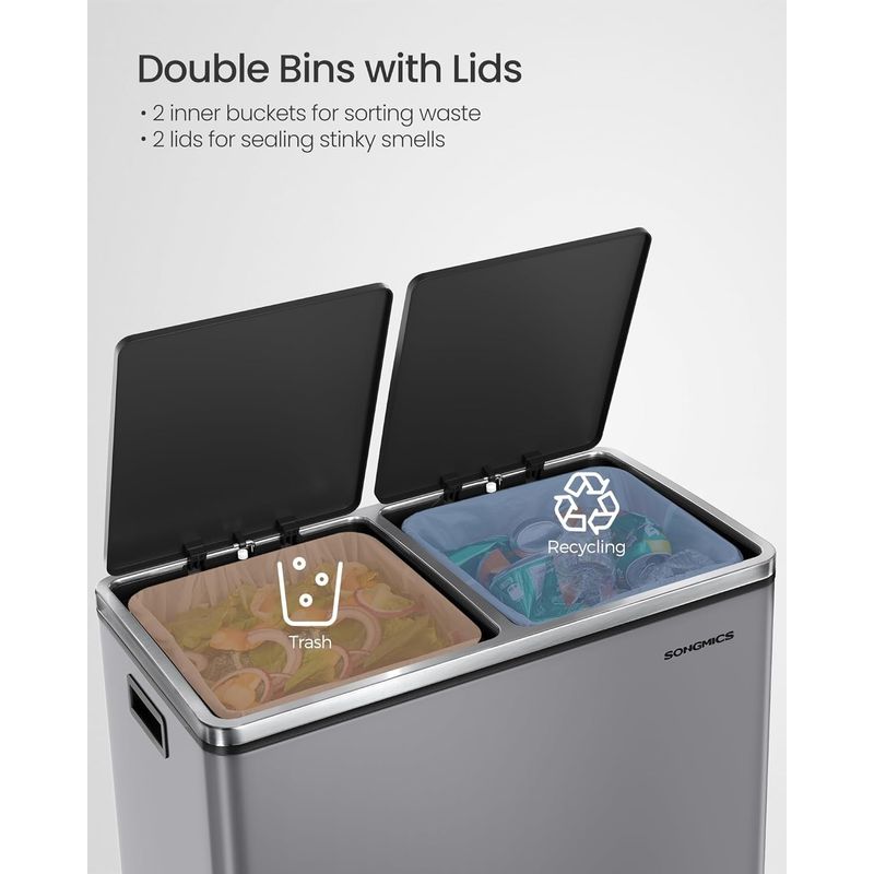 Casa si Gradina - Mobilier - Organizare si depozitare - Cosuri de gunoi - Cos de gunoi dublu colectare selectiva, 2x30L, cu pedale si capac soft close, galeata interioara, otel, 62x59x36 cm, gri - Infinity.ro