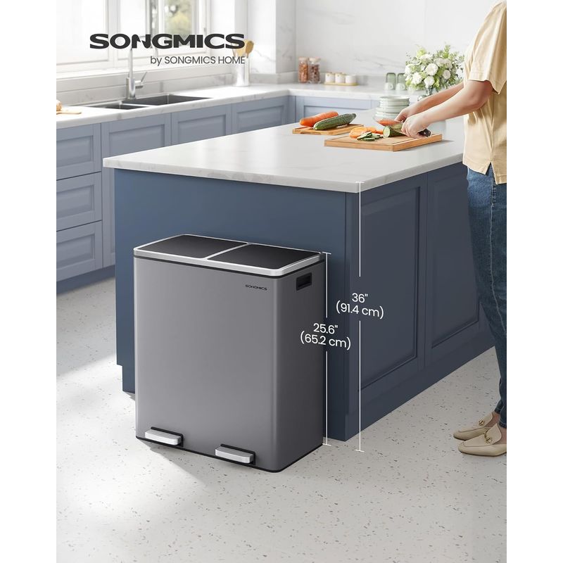 Casa si Gradina - Mobilier - Organizare si depozitare - Cosuri de gunoi - Cos de gunoi dublu colectare selectiva, 2x30L, cu pedale si capac soft close, galeata interioara, otel, 62x59x36 cm, gri - Infinity.ro