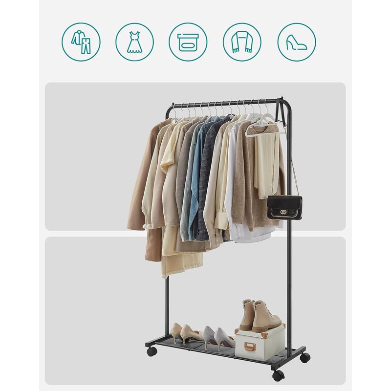 Casa si Gradina - Mobilier - Organizare si depozitare - Cuiere - Suport pentru haine mobil cu roti, bara umerase si raft, stil industrial, 91x41x158 cm, negru - Infinity.ro