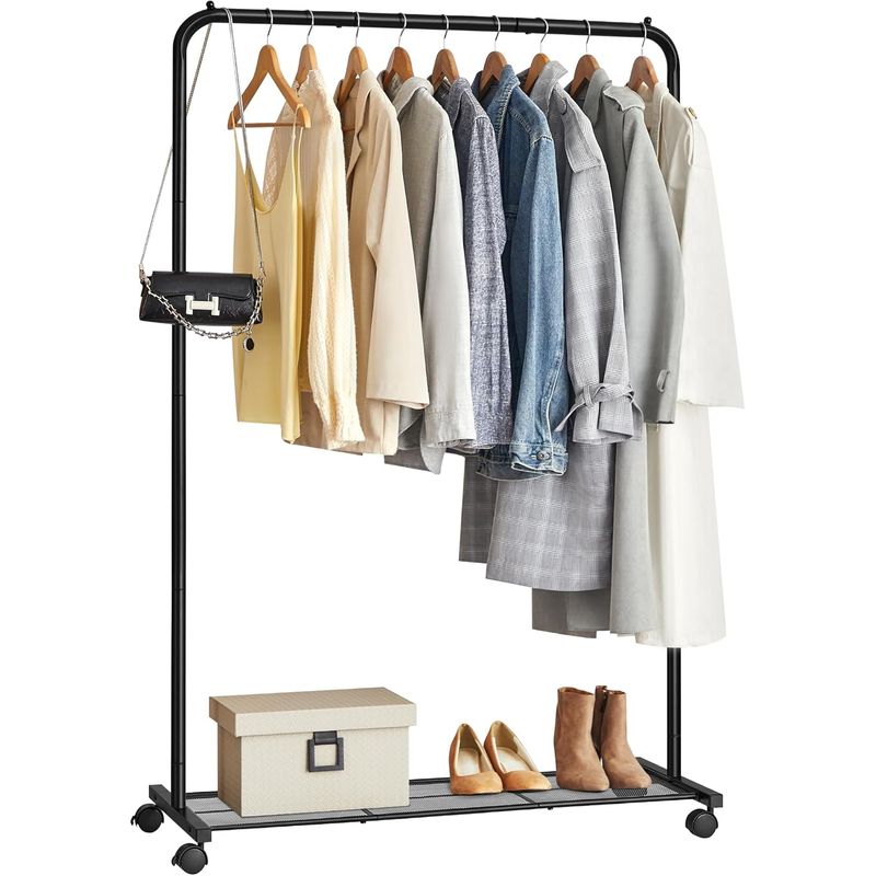 Casa si Gradina - Mobilier - Organizare si depozitare - Cuiere - Suport pentru haine mobil cu roti, bara umerase si raft, stil industrial, 91x41x158 cm, negru - Infinity.ro