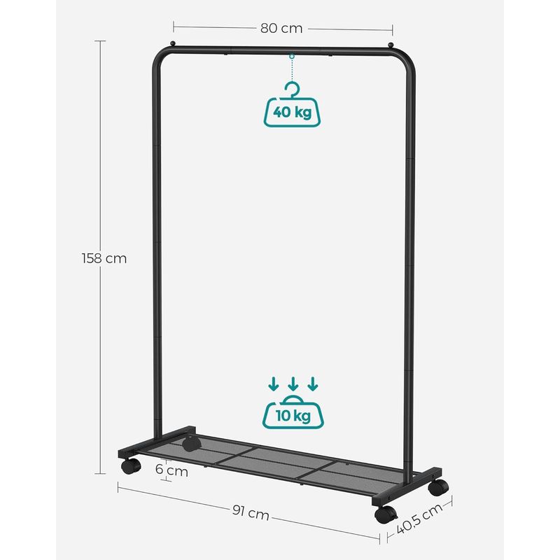 Casa si Gradina - Mobilier - Organizare si depozitare - Cuiere - Suport pentru haine mobil cu roti, bara umerase si raft, stil industrial, 91x41x158 cm, negru - Infinity.ro