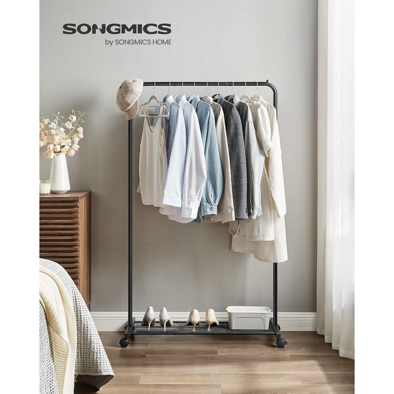 Casa si Gradina - Mobilier - Organizare si depozitare - Cuiere - Suport pentru haine mobil cu roti, bara umerase si raft, stil industrial, 91x41x158 cm, negru - Infinity.ro