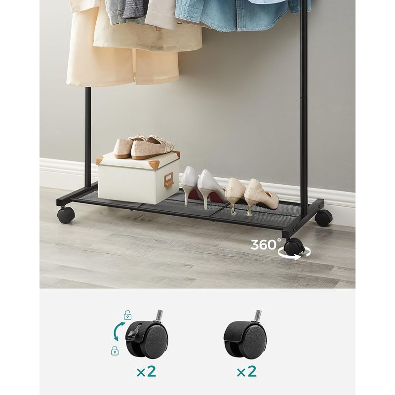 Casa si Gradina - Mobilier - Organizare si depozitare - Cuiere - Suport pentru haine mobil cu roti, bara umerase si raft, stil industrial, 91x41x158 cm, negru - Infinity.ro