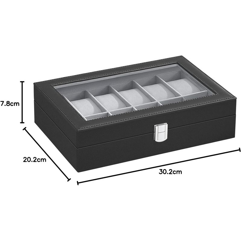 Casa si Gradina - Mobilier - Organizare si depozitare - Cutii depozitare - Cutie depozitare 12 ceasuri piele sintetica, capac sticla, captuseala catifea, perne detasabile, 20x30x8 cm, negru - Infinity.ro