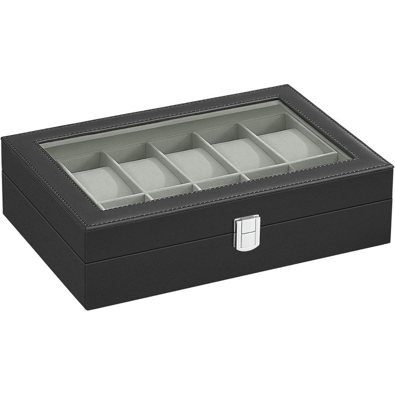Casa si Gradina - Mobilier - Organizare si depozitare - Cutii depozitare - Cutie depozitare 12 ceasuri piele sintetica, capac sticla, captuseala catifea, perne detasabile, 20x30x8 cm, negru - Infinity.ro