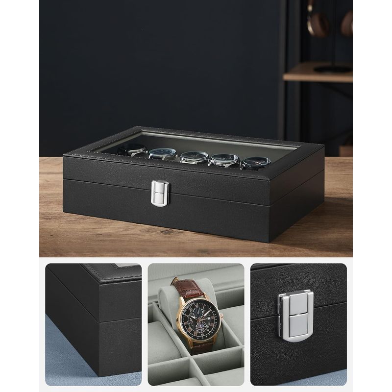 Casa si Gradina - Mobilier - Organizare si depozitare - Cutii depozitare - Cutie depozitare 12 ceasuri piele sintetica, capac sticla, captuseala catifea, perne detasabile, 20x30x8 cm, negru - Infinity.ro