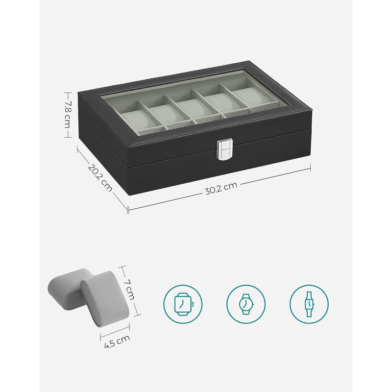 Casa si Gradina - Mobilier - Organizare si depozitare - Cutii depozitare - Cutie depozitare 12 ceasuri piele sintetica, capac sticla, captuseala catifea, perne detasabile, 20x30x8 cm, negru - Infinity.ro