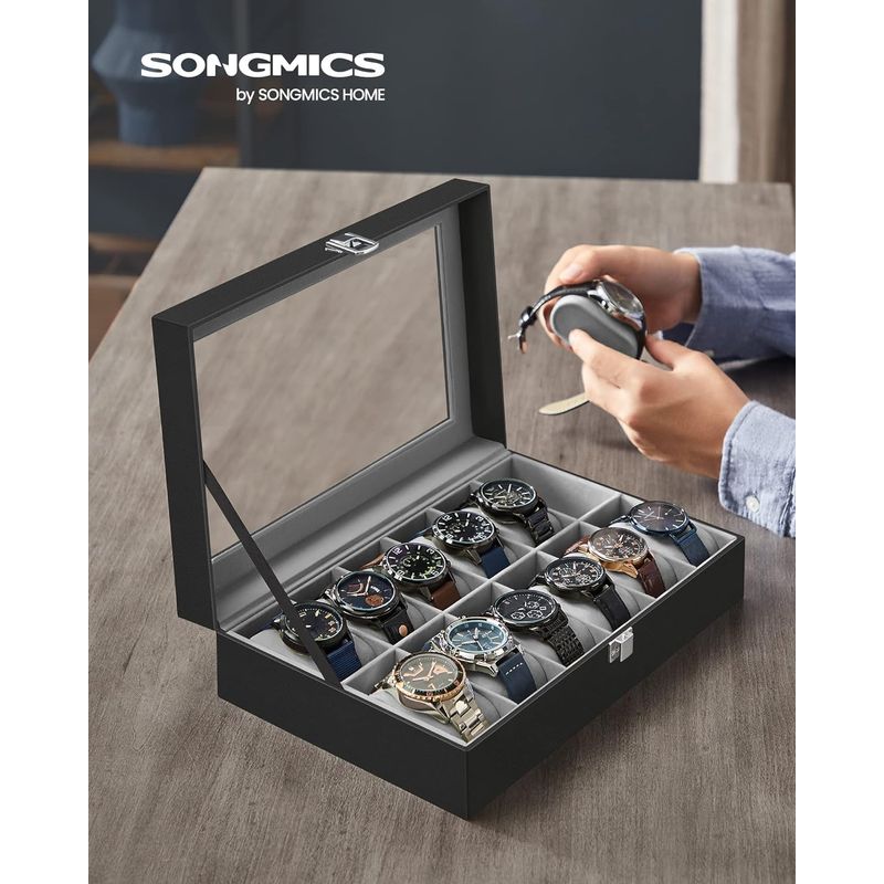 Casa si Gradina - Mobilier - Organizare si depozitare - Cutii depozitare - Cutie depozitare 12 ceasuri piele sintetica, capac sticla, captuseala catifea, perne detasabile, 20x30x8 cm, negru - Infinity.ro