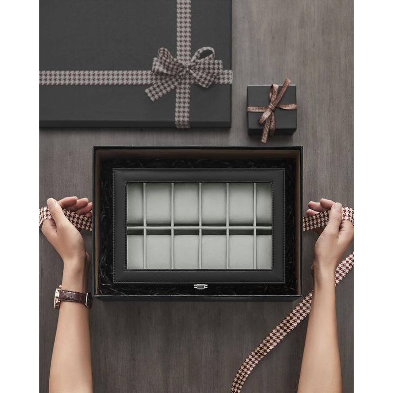 Casa si Gradina - Mobilier - Organizare si depozitare - Cutii depozitare - Cutie depozitare 12 ceasuri piele sintetica, capac sticla, captuseala catifea, perne detasabile, 20x30x8 cm, negru - Infinity.ro