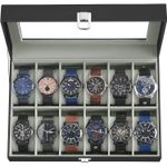 Casa si Gradina - Mobilier - Organizare si depozitare - Cutii depozitare - Cutie depozitare 12 ceasuri piele sintetica, capac sticla, captuseala catifea, perne detasabile, 20x30x8 cm, negru - Infinity.ro