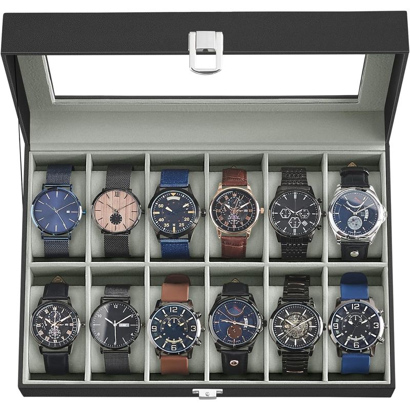 Casa si Gradina - Mobilier - Organizare si depozitare - Cutii depozitare - Cutie depozitare 12 ceasuri piele sintetica, capac sticla, captuseala catifea, perne detasabile, 20x30x8 cm, negru - Infinity.ro