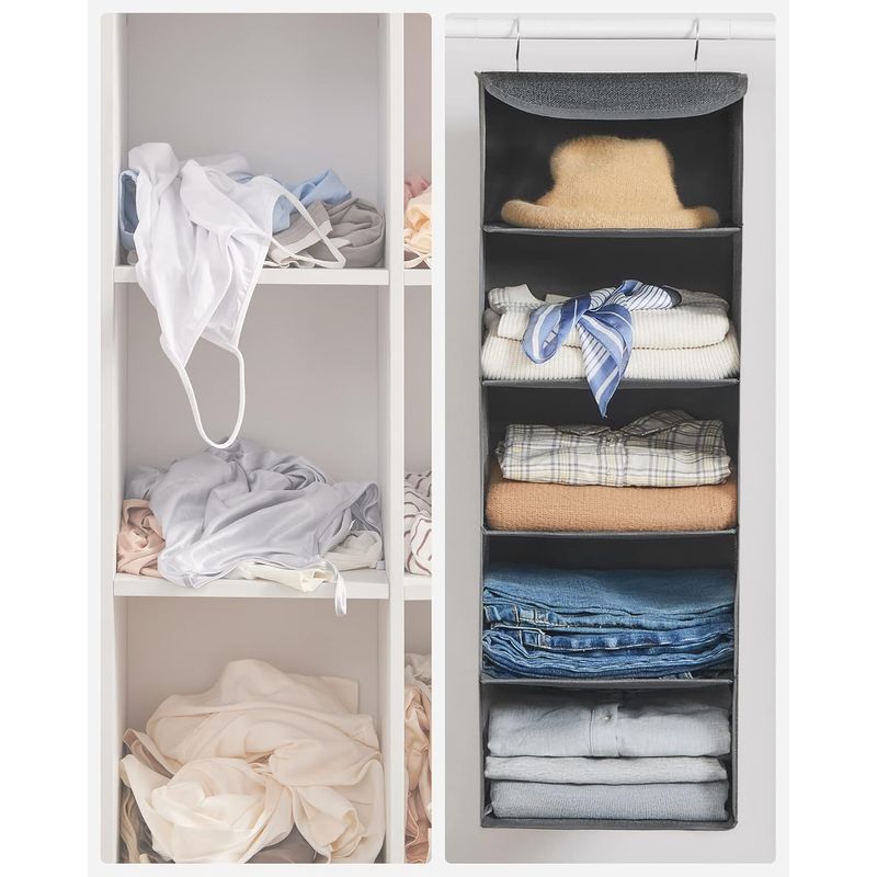 Casa si Gradina - Mobilier - Organizare si depozitare - Organizatoare pentru sertare si dulapuri - Set 2 bucati organizatoare suspendate pentru dulap, 5 rafturi, pliabil, 30x30x90 cm, gri - Infinity.ro
