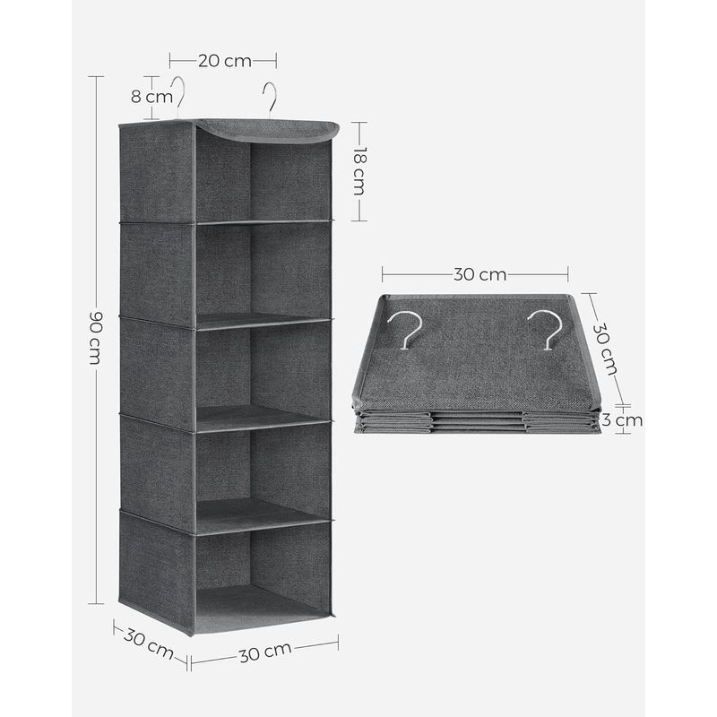 Casa si Gradina - Mobilier - Organizare si depozitare - Organizatoare pentru sertare si dulapuri - Set 2 bucati organizatoare suspendate pentru dulap, 5 rafturi, pliabil, 30x30x90 cm, gri - Infinity.ro