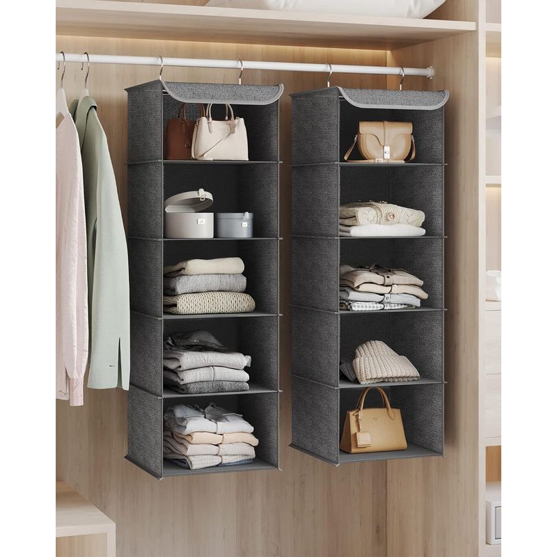 Casa si Gradina - Mobilier - Organizare si depozitare - Organizatoare pentru sertare si dulapuri - Set 2 bucati organizatoare suspendate pentru dulap, 5 rafturi, pliabil, 30x30x90 cm, gri - Infinity.ro