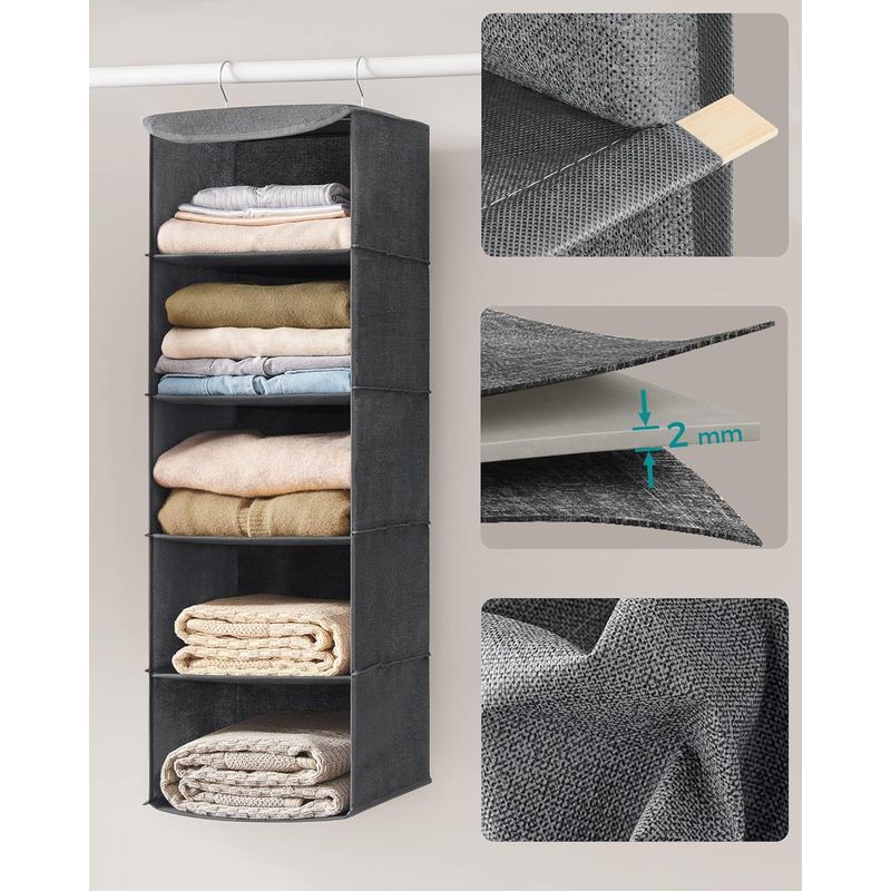Casa si Gradina - Mobilier - Organizare si depozitare - Organizatoare pentru sertare si dulapuri - Set 2 bucati organizatoare suspendate pentru dulap, 5 rafturi, pliabil, 30x30x90 cm, gri - Infinity.ro