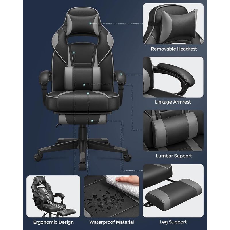 Casa si Gradina - Mobilier - Scaune si fotolii - Scaune - Scaun gaming ergonomic, cu spatar inalt, suport pentru picioare, maxim 150 kg , 50x70x126 cm, negru si gri - Infinity.ro