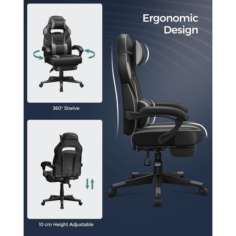 Casa si Gradina - Mobilier - Scaune si fotolii - Scaune - Scaun gaming ergonomic, cu spatar inalt, suport pentru picioare, maxim 150 kg , 50x70x126 cm, negru si gri - Infinity.ro