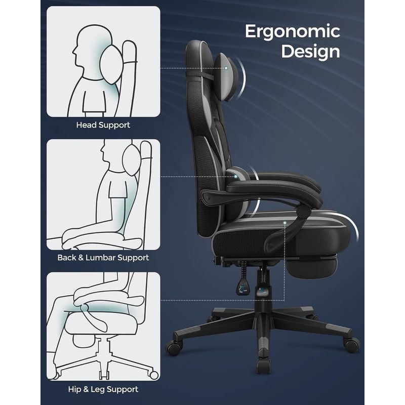 Casa si Gradina - Mobilier - Scaune si fotolii - Scaune - Scaun gaming ergonomic, cu spatar inalt, suport pentru picioare, maxim 150 kg , 50x70x126 cm, negru si gri - Infinity.ro