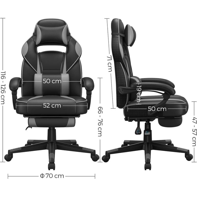 Casa si Gradina - Mobilier - Scaune si fotolii - Scaune - Scaun gaming ergonomic, cu spatar inalt, suport pentru picioare, maxim 150 kg , 50x70x126 cm, negru si gri - Infinity.ro